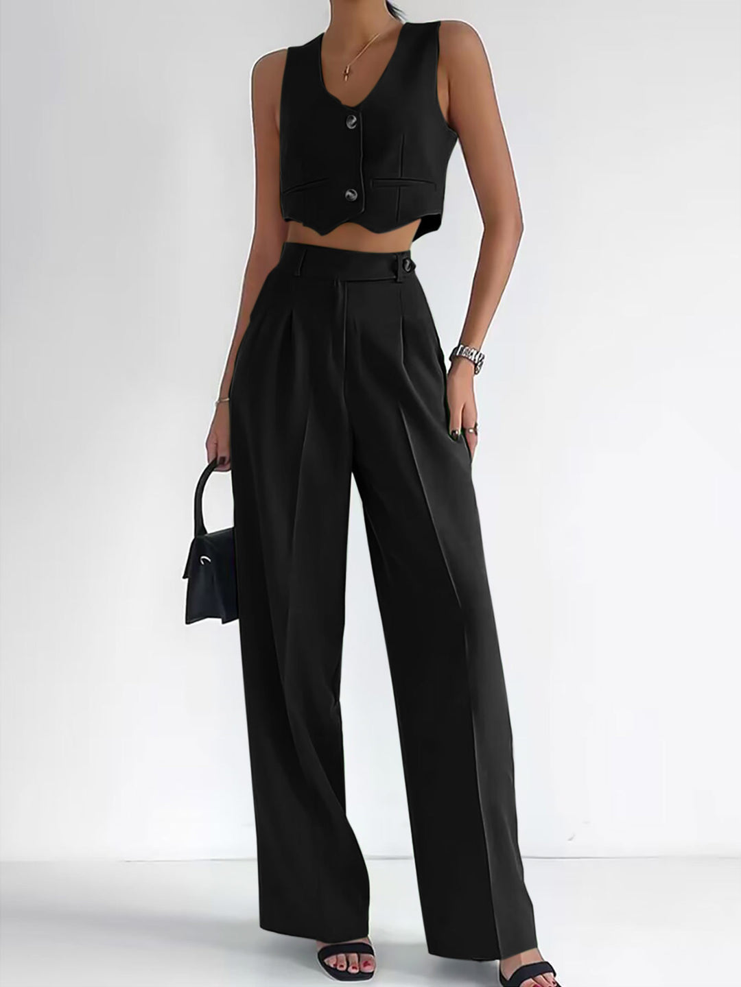 Damen Modisches Zweiteiler-Set aus ärmellosem Cropped Top und weiter Hose EB