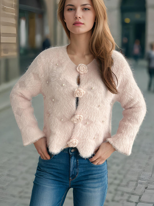 Damen Strickjacke mit floralen Applikationen und perlverzierter Detail EB