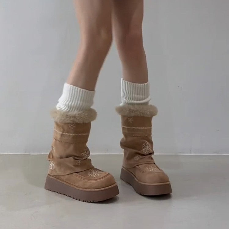 Damen Winterstiefel mit flauschigem Kragen und stilvollen Schneeflocken-Motiven EB