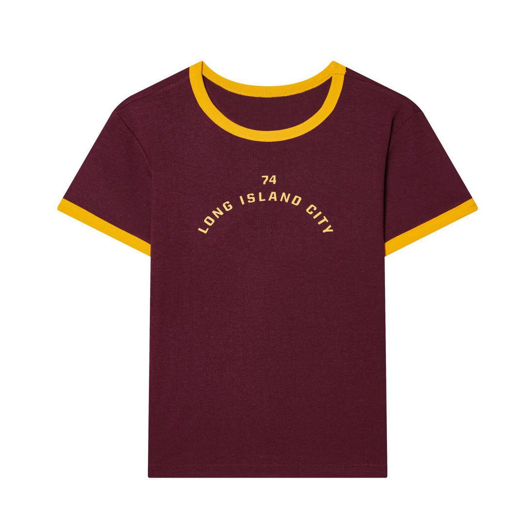 Damen Freizeit T-Shirt mit kontrastierenden Ärmeln und trendigem Schriftzug EB