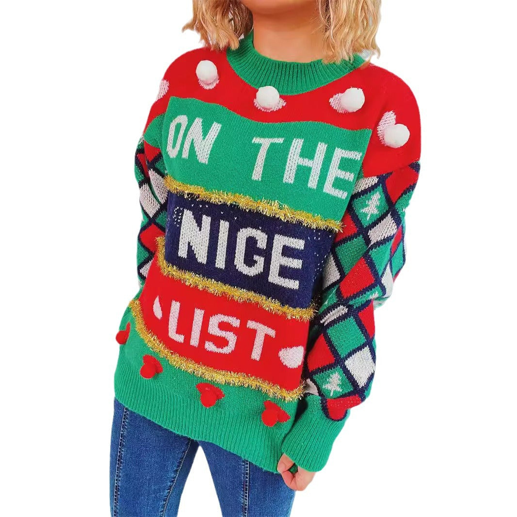 Damen festlicher Pullover mit bunten Applikationen und verspieltem Design EB