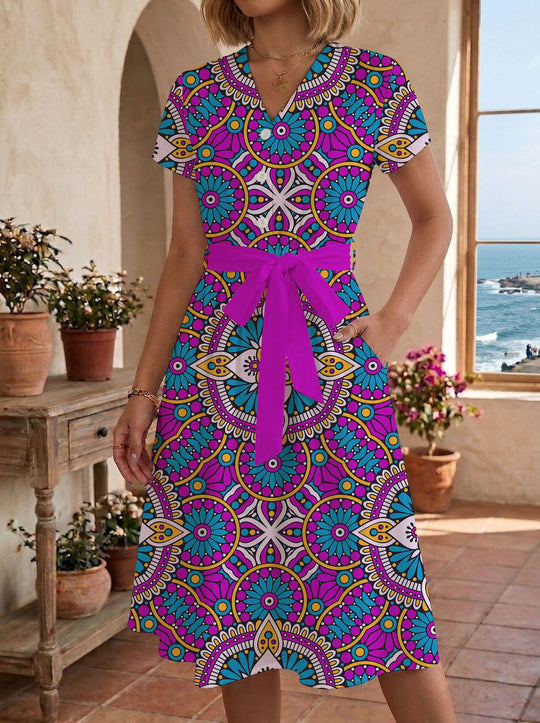 Damen Midi Kleid mit floralen Akzenten und tailliertem Schnitt EB
