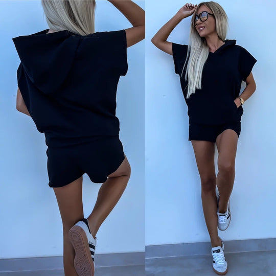 Damen lässiges Shorts- und Kurzarm-Hoodie Set aus atmungsaktivem Material EB