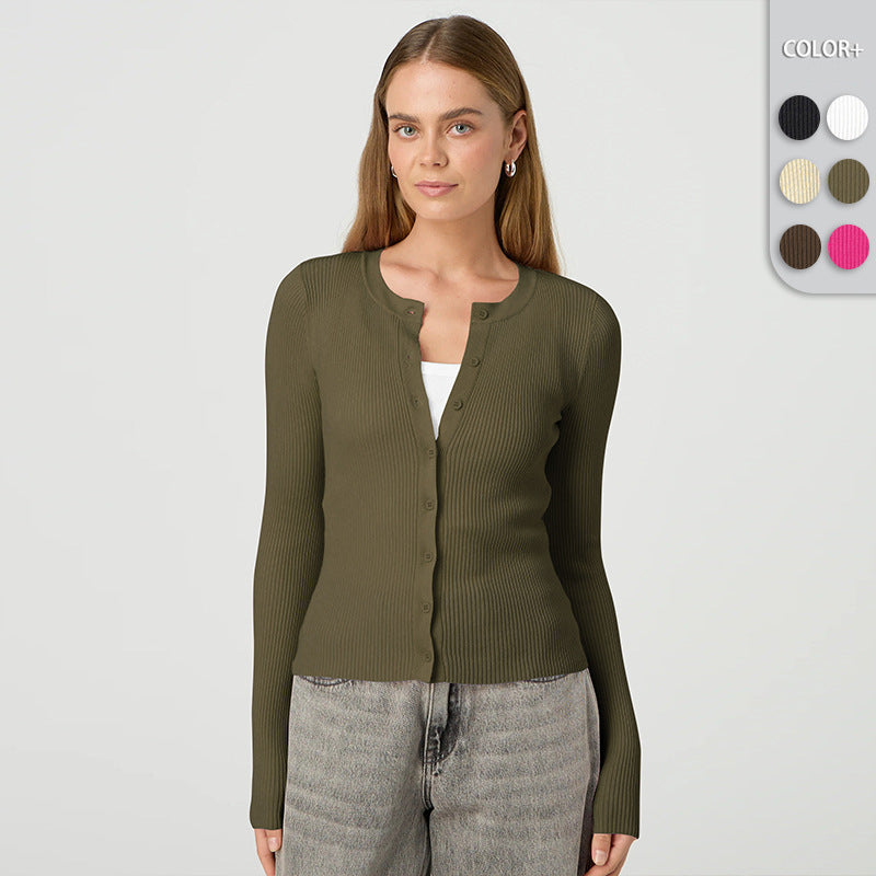 Damen figurbetonte Strickjacke mit Knopfleiste und langen Ärmeln EB