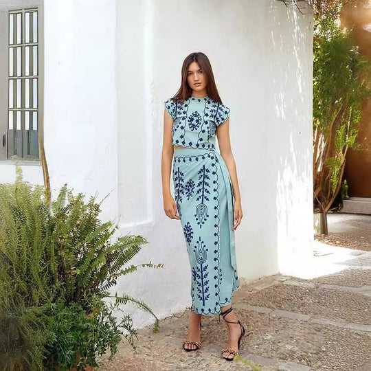 Damen Zweiteiliges Set mit floraler Stickerei und bequemer Bundlösung EB