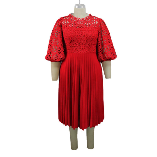 Damen elegantes Midikleid mit Spitzenoberteil und plissiertem Rock EB