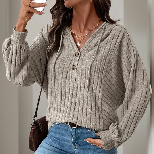 Damen Strickpullover mit Kapuze und Knopfdetail EB