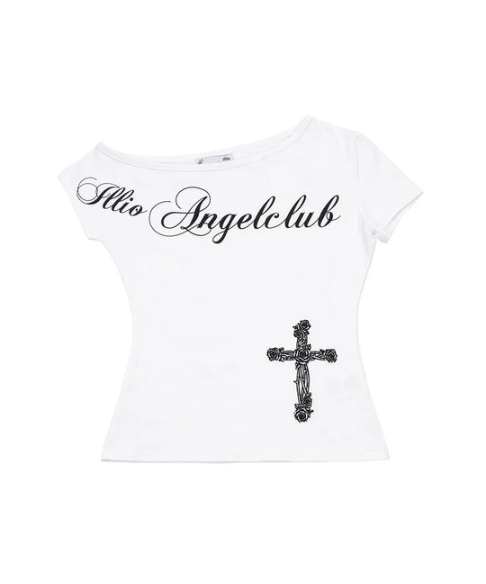 Damen Off-Shoulder T-Shirt mit Kreuzmotiv EB