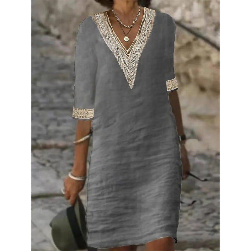 Damen Leichtes Leinen-Midikleid mit V-Ausschnitt und Häkelspitzenbesatz EB