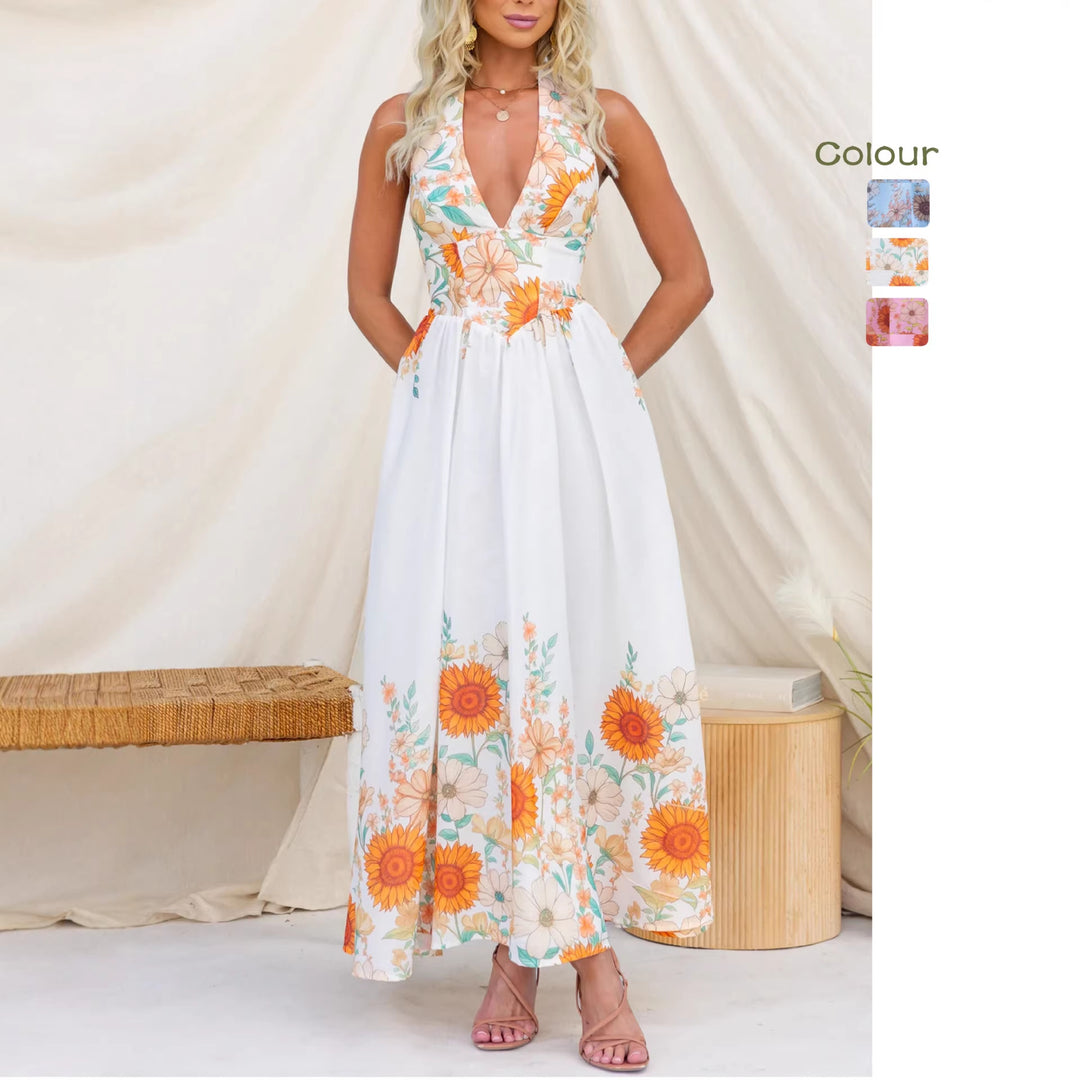 Damen Maxikleid mit tiefem V-Ausschnitt und floralem Print EB