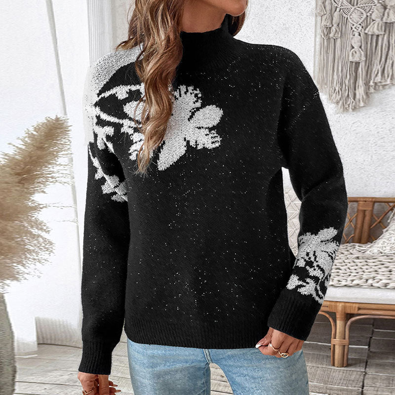 Damen Strickpullover mit floralem Muster und hohem Kragen EB