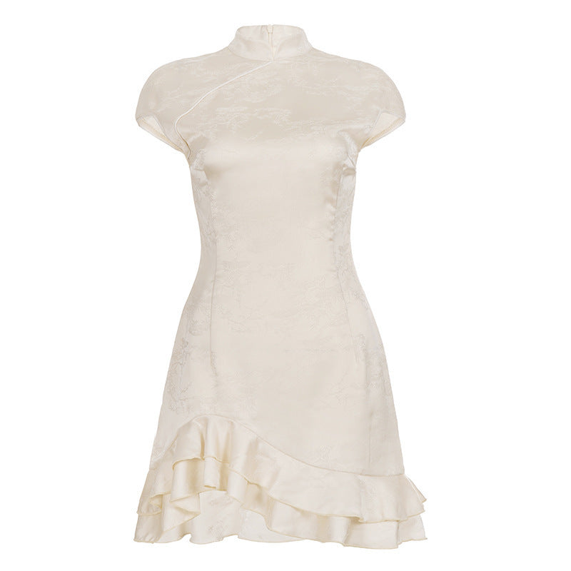 Damen elegant geschnittenes Chiffon-Kleid mit Rüschenkante EB