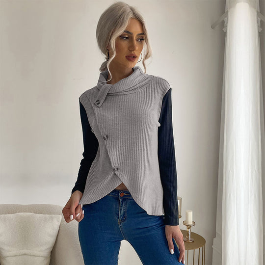 Damen Strickoberteil mit asymmetrischem Reverskragen und dekorativen Knöpfen EB