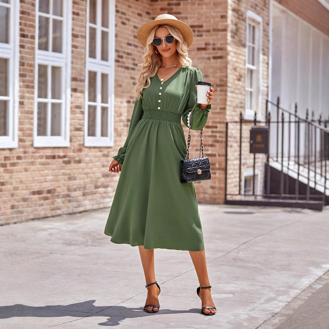 Damen Midikleid mit V-Ausschnitt, geraffter Smock-Taille und Knopfleiste EB