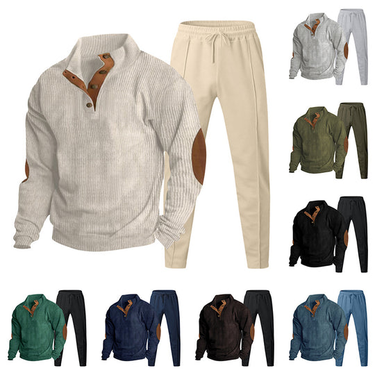 Herren Strukturiertes Henley-Loungewear-Set mit Ellenbogen-Patches & tapered Jogginghose EB