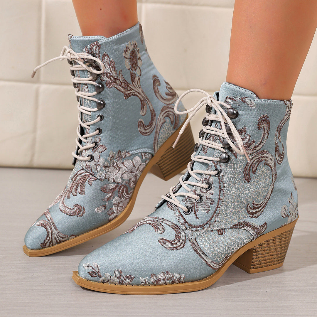 Damen bestickte Schnür-Stiefelette mit Jacquard-Brokatmuster und niedrigem Blockabsatz EB