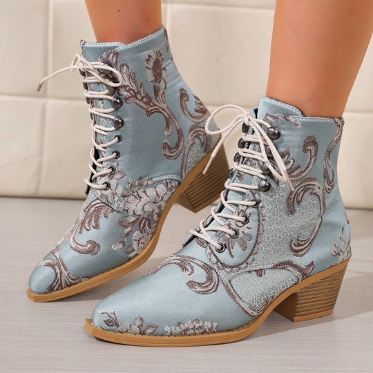Damen bestickte Schnür-Stiefelette mit Jacquard-Brokatmuster und niedrigem Blockabsatz EB