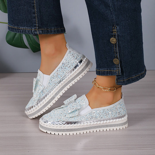 Damen modische Slip-On Sneakers mit glitzerndem Design und auffälliger Schleifenapplikation EB