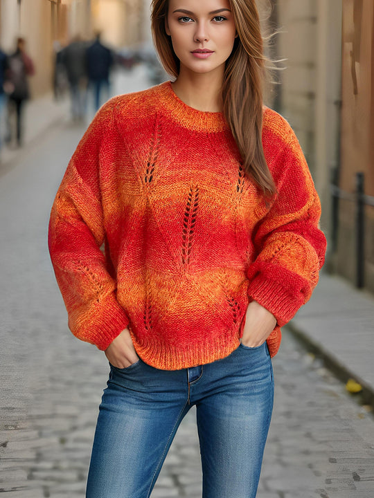 Damen lässiger Strickpullover mit modernem Lochmuster und voluminösen Ärmeln EB