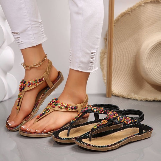 Damen Zehentrenner-Sandalen mit buntem Schmuckdesign EB