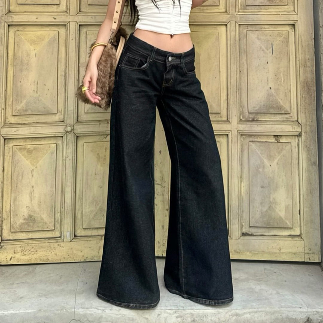 Damen nan weite Highwaist-Jeans mit weitem Bein, hohem Bund und Kontraststeppung EB