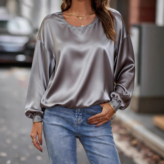 Damen Glänzende Satin-Bluse mit Rundhalsausschnitt und Ballonärmeln EB