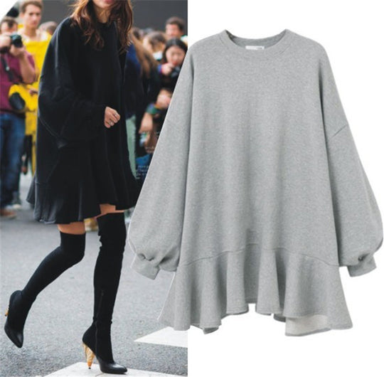 Damen nan oversized Sweatshirtkleid mit Volantsaum und Ballonärmeln EB