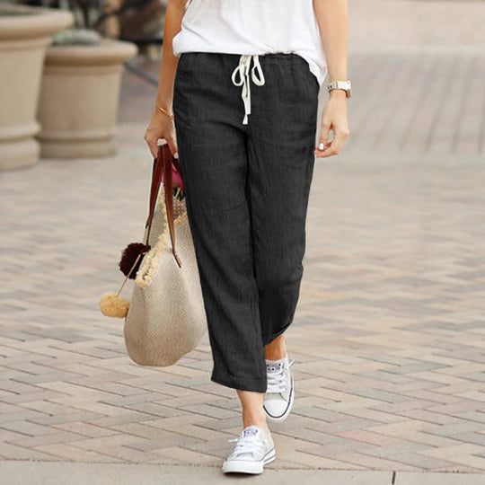 Damen nan leichte Leinenmisch-Hose mit Kordelzug, lockerer Culotte-Schnitt und knöchellangem Saum EB