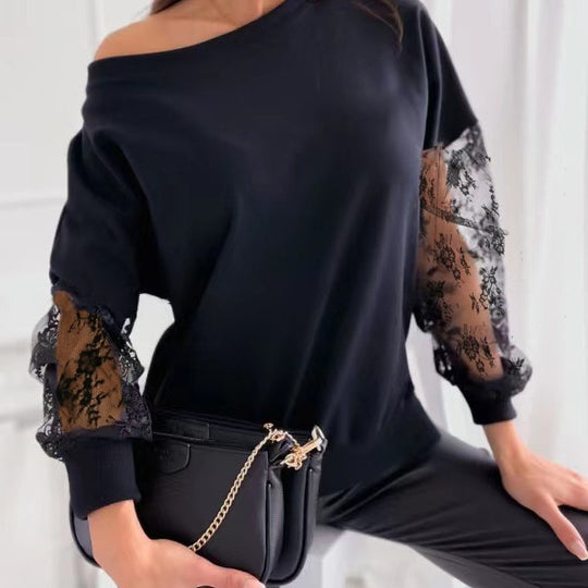 Damen eleganter Pullover mit transparenten Spitzenärmeln und asymmetrischem Ausschnitt EB