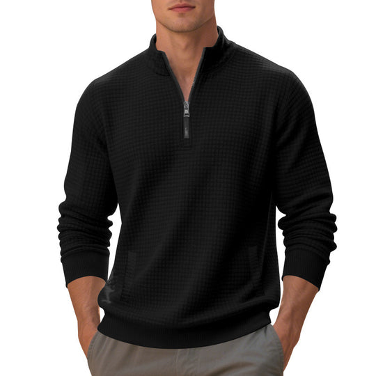 Herren Waffelstrick-Halbzip-Pullover mit Stehkragen, Kängurutasche & gerippten Abschlüssen EB
