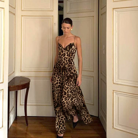 Damen Maxikleid mit tiefem V-Ausschnitt und elegantem Leopardenmuster EB