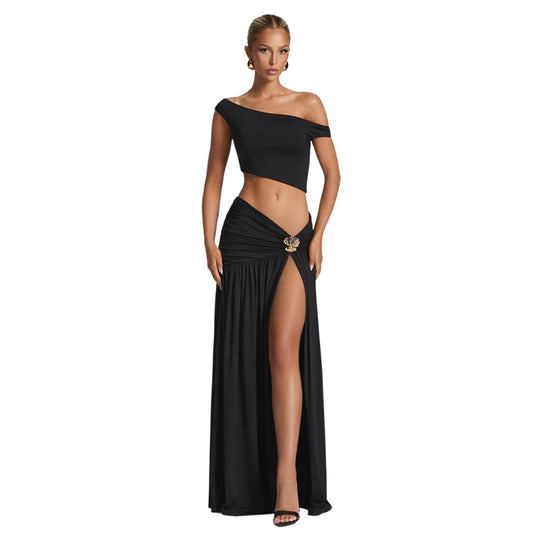 Damen Elegantes Crop Top und Hochgeschnittener Maxi-Rock Set EB