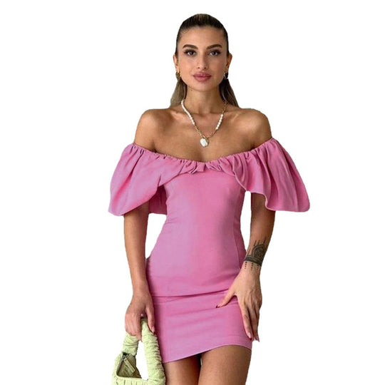 Damen Kurzarm Minikleid mit schulterfreiem Design und Rüschensaum EB