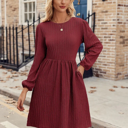 Damen Rippstrick A-Linien Kleid mit Puffärmeln EB