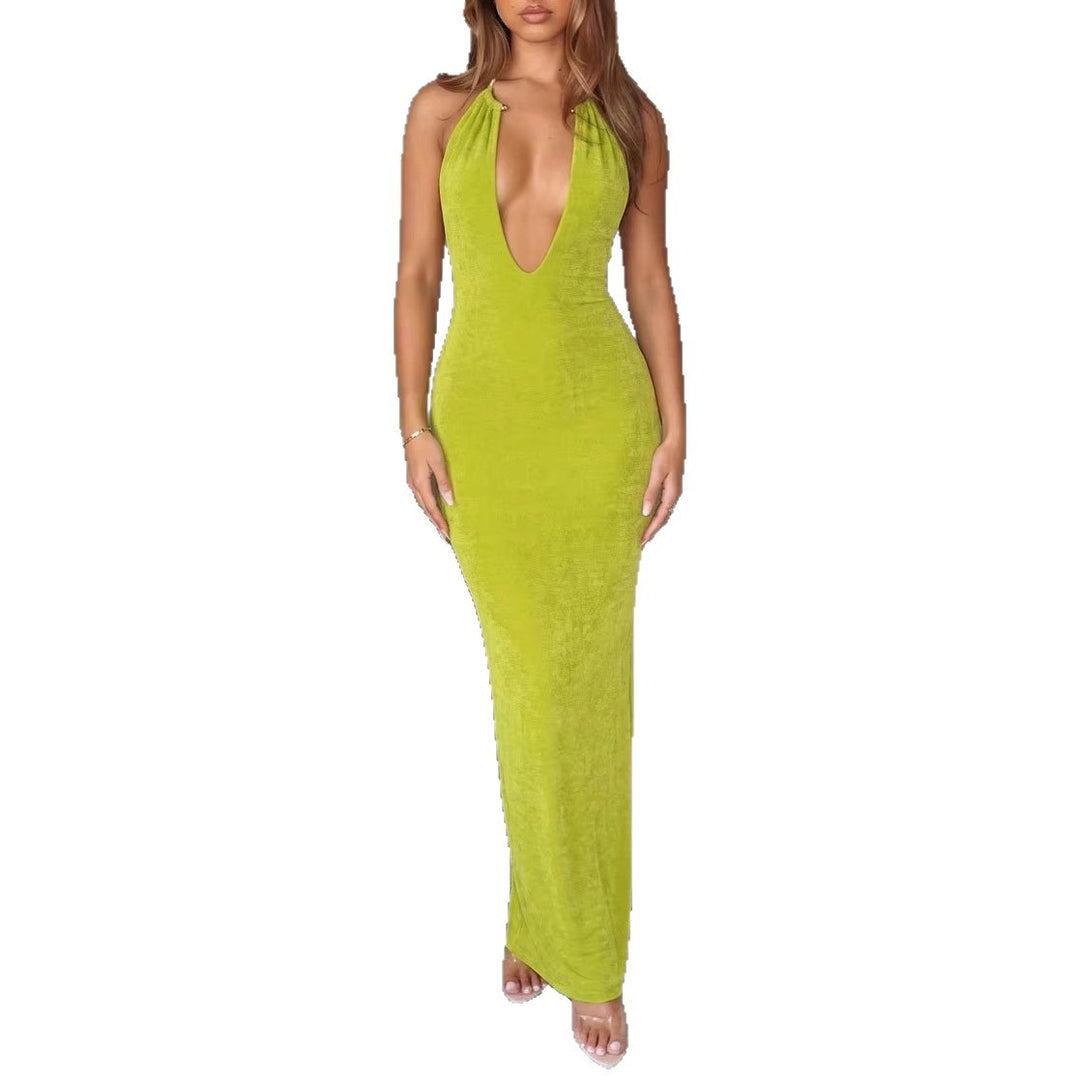 Damen Elegantes Maxikleid mit tiefem V-Ausschnitt und figurbetontem Schnitt EB