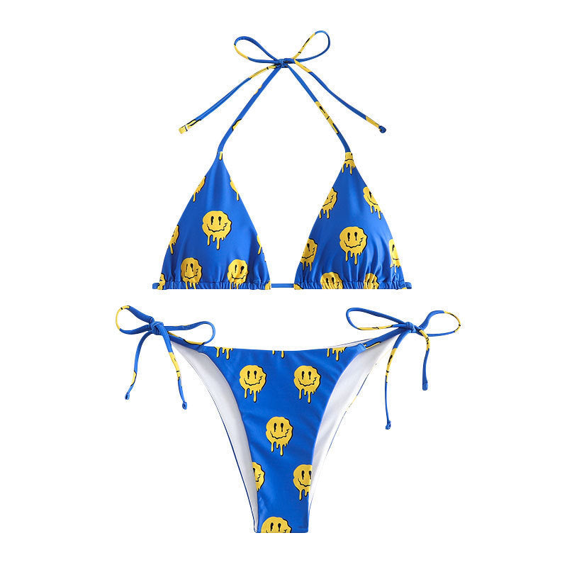 Damen Triangel-Bikini mit lässigem Smiley-Design und verstellbaren Trägern EB