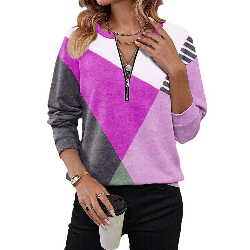 Damen Sportlicher Sweatshirt mit halbem Reißverschluss und trendigem Kontrast-Design EB