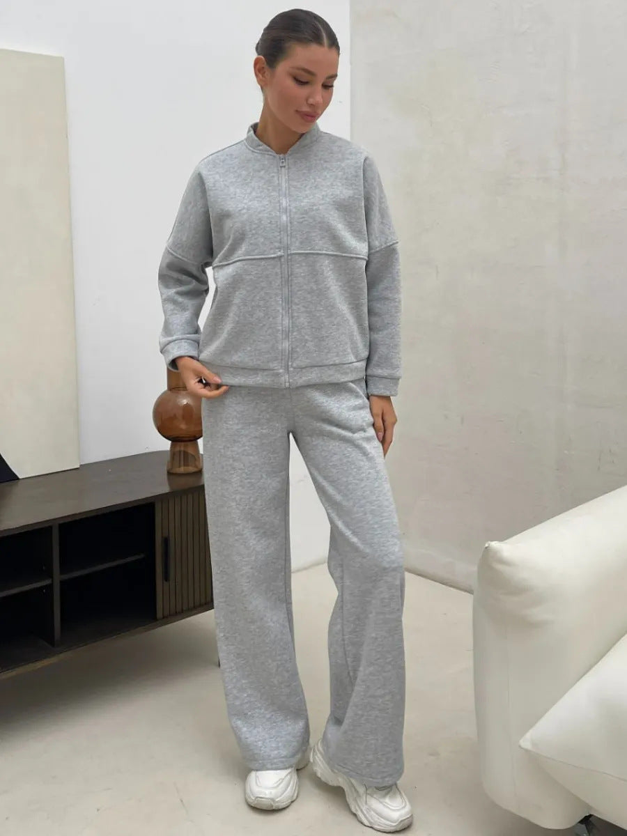 Damen Zweiteiliges Loungewear-Set mit kurzem Bomber-Zip und weiter hochgeschnittener Jogginghose EB