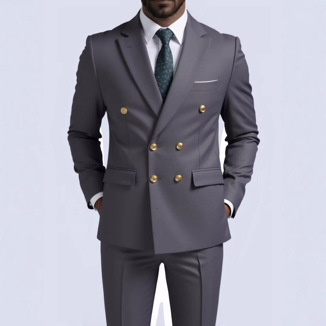 Herren nan doppelreihiger Slim-Fit Anzug mit goldenen Zierknöpfen und schmaler Businesshose EB