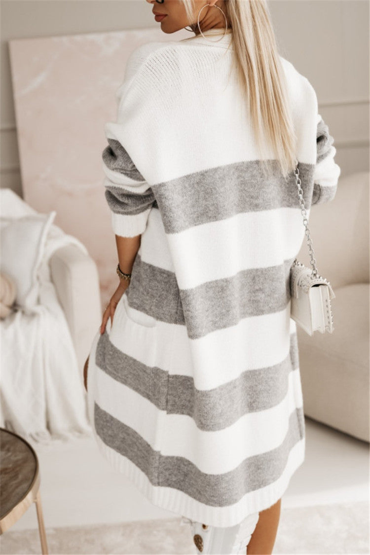 Damen lässiger Strickmantel mit großen Streifen EB