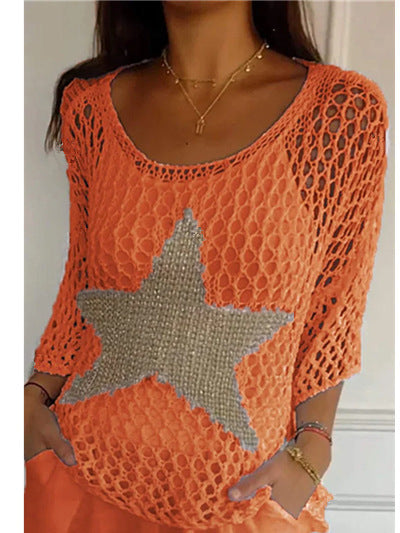 Damen nan oversized gehäkelter Pullover mit Sternapplikation und 3/4-Ärmeln EB