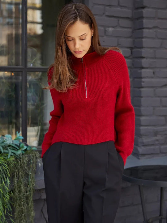 Damen Cozy Pullover mit Kragen und Reißverschluss EB