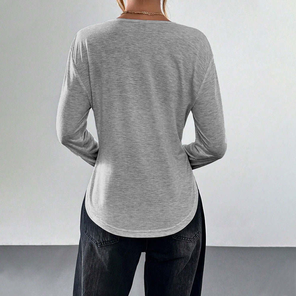 Damen legeres V-Ausschnitt Langarmshirt mit offenem Kragen, weichem Jersey und abgerundetem Saum Eichborn Berlin