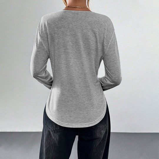 Damen legeres V-Ausschnitt Langarmshirt mit offenem Kragen, weichem Jersey und abgerundetem Saum Eichborn Berlin
