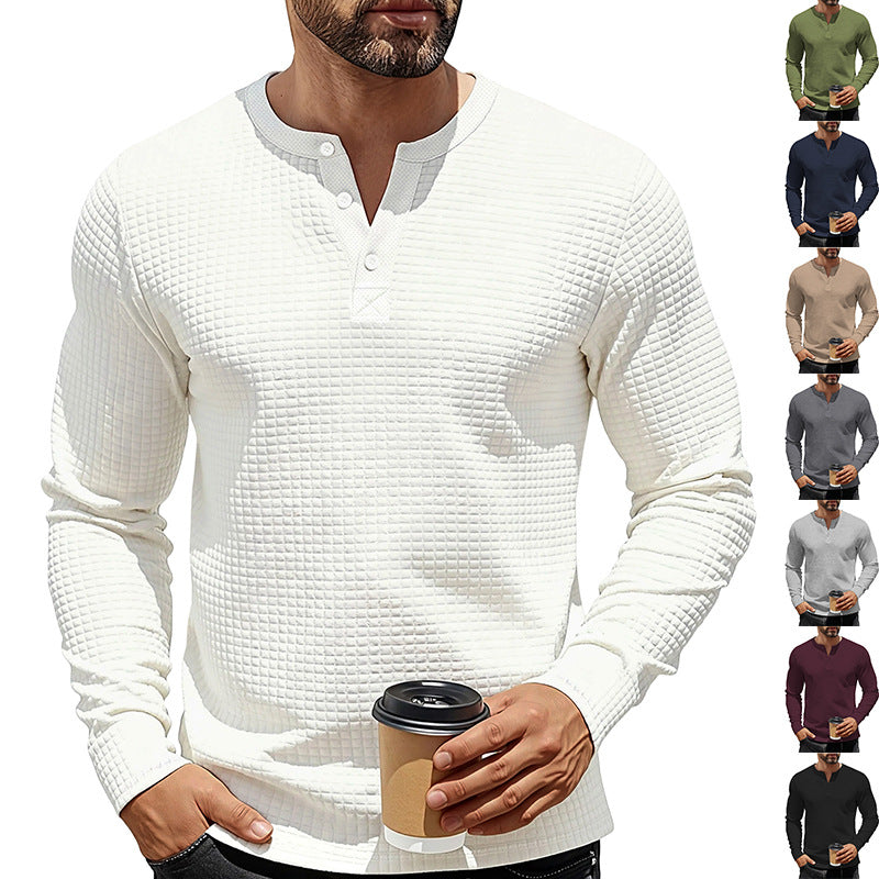 Herren nan strukturiertes Henley-Langarmshirt aus Waffelstrick mit Stehkragen und schmaler Silhouette EB