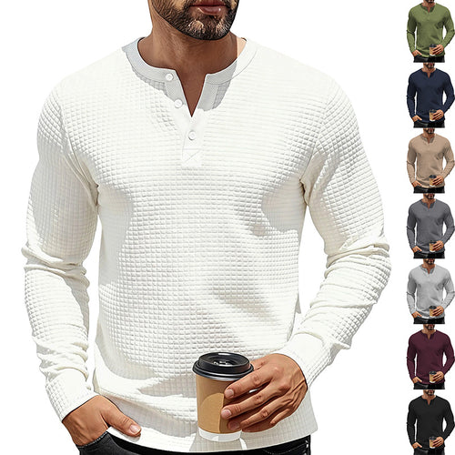 Herren nan strukturiertes Henley-Langarmshirt aus Waffelstrick mit Stehkragen und schmaler Silhouette EB