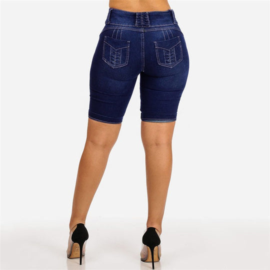 Damen Jeans-Shorts mit hohem Taillenbund und modischen Knopfdetails EB