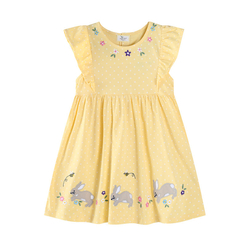 Mädchen Sommerkleid mit verspielten Hasen- und Blumenstickereien EB