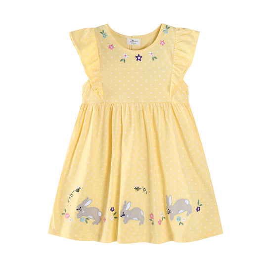 Mädchen Sommerkleid mit verspielten Hasen- und Blumenstickereien EB