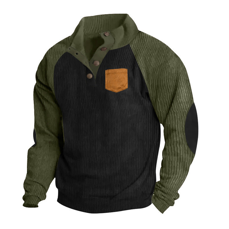 Herren Geripptes Henley‑Pullover mit Raglanärmeln, Ellenbogen‑Patches & Brusttasche EB